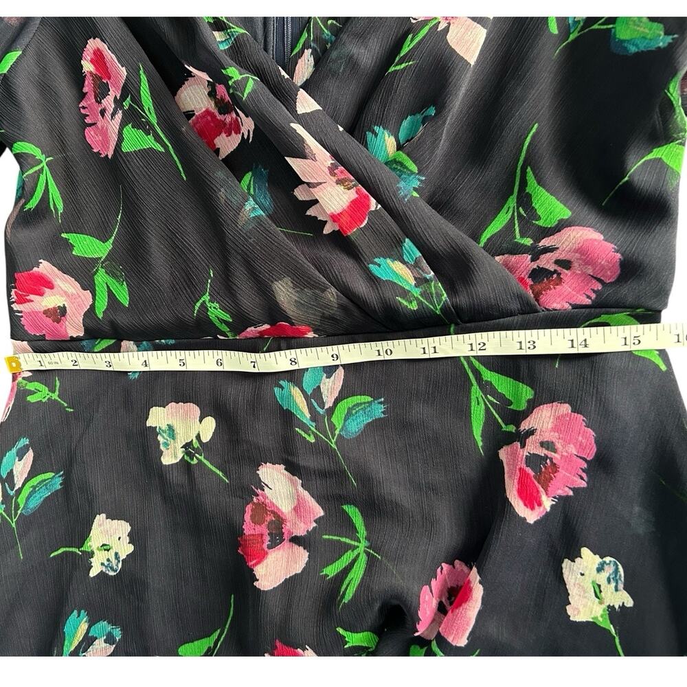 DKNY Navy Blue Floral Chiffon Wrap V-Neck Midi Dress Size 10 Preppy Professional - Picture 9 of 11